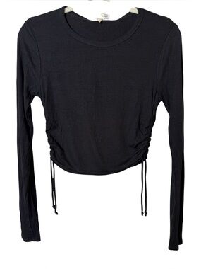 Sky & Sparrow Medium Ruched Side-Drawstring Long Sleeve Crop Top - Black